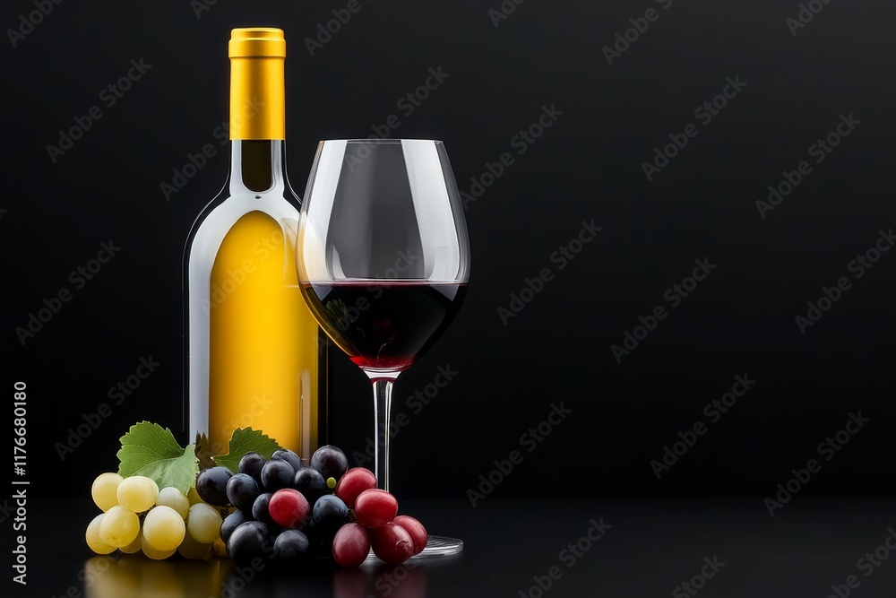 Obraz premium Bottle of wine and a wine glass are on a table with a bunch of grapes. The wine glass is half full and the bottle is half empty