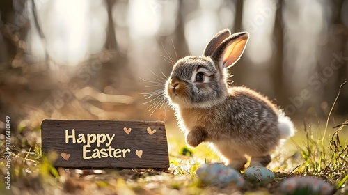 Adorable fluffy brown and white bunny hopping near a wooden sign that says  Happy Easter  in a lush green meadow  The bunny s ears are perked up photo