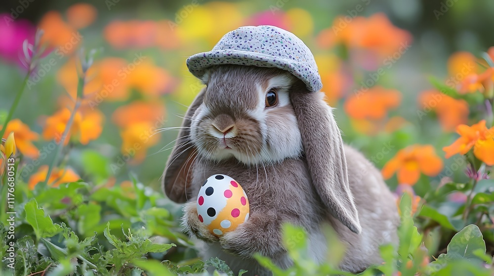 Fototapeta premium Adorable bunny wearing a small hat holding a polka dot egg while surrounded by a vibrant blooming garden filled with colorful flowers and lush foliage The playful
