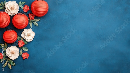 Red lanterns background concept for Lunar New Year celebration. Colorful lanterns and flowers on a blue background for festive themes