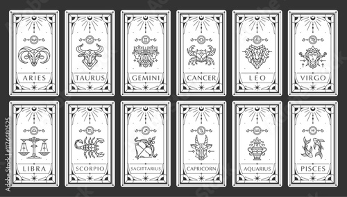 Set of Modern magic witchcraft Ornamental cards with astrology zodiac signs. Zodiac characteristic. Zodiac icons. Vector illustration. Elegant line art symbols and icons of esoteric zodiacal horoscope