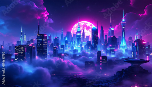 Futuristic Cityscape at Night with Neon Lights and a Large Moon