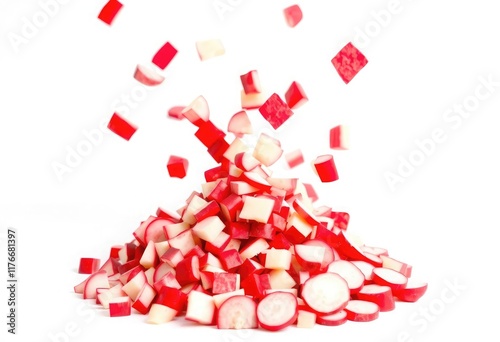 Falling chopped radish roots, flying red root cuts, diced red radishes piled, and sliced radishes on a white background photo