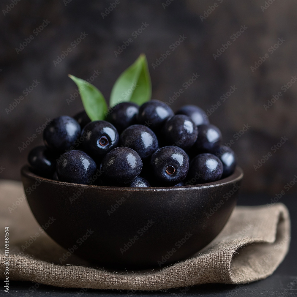 Fresh berries served in a black bowl with green leaves, on a burlap fabric background Fresh berries served in a black bowl with green leaves, on a burlap fabric background