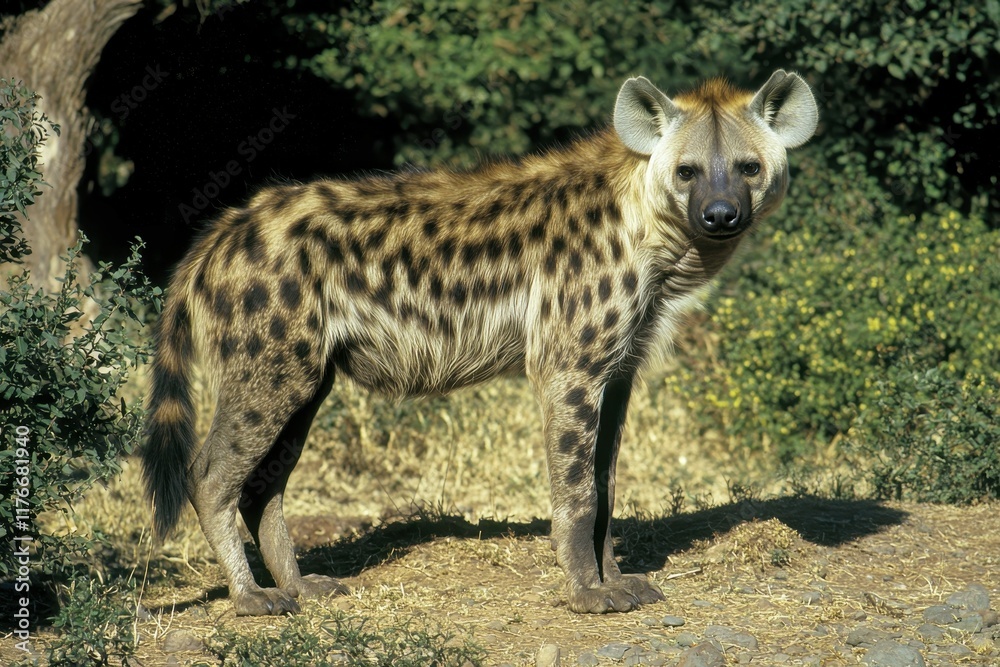 A detailed shot of a hyena with its distinctive spots, standing alert in the bush. A detailed shot of a hyena with its distinctive spots, standing alert in the bush.