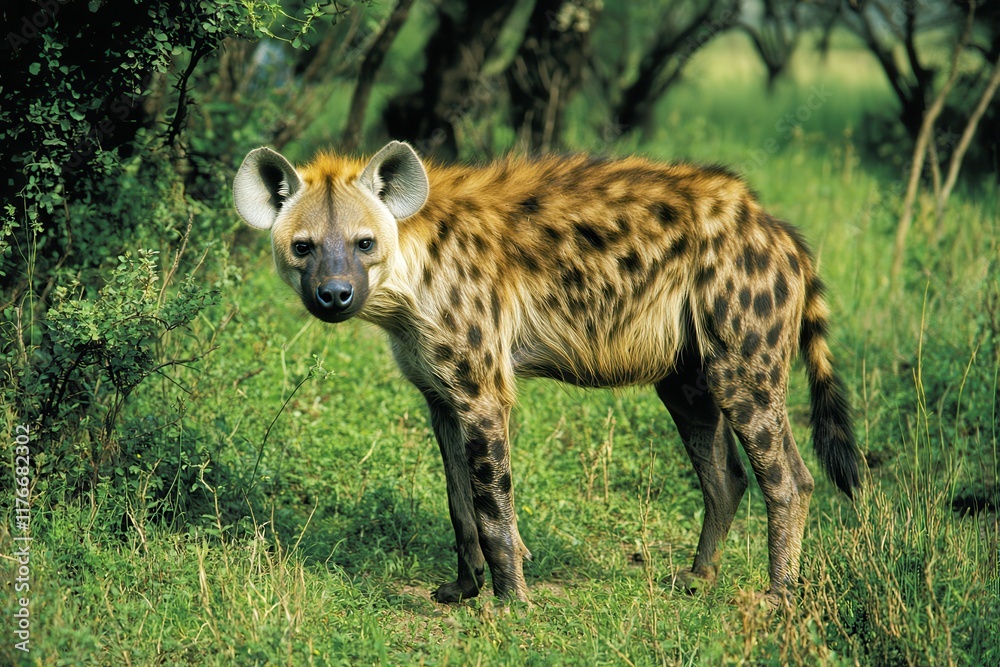 A detailed shot of a hyena with its distinctive spots, standing alert in the bush. A detailed shot of a hyena with its distinctive spots, standing alert in the bush.