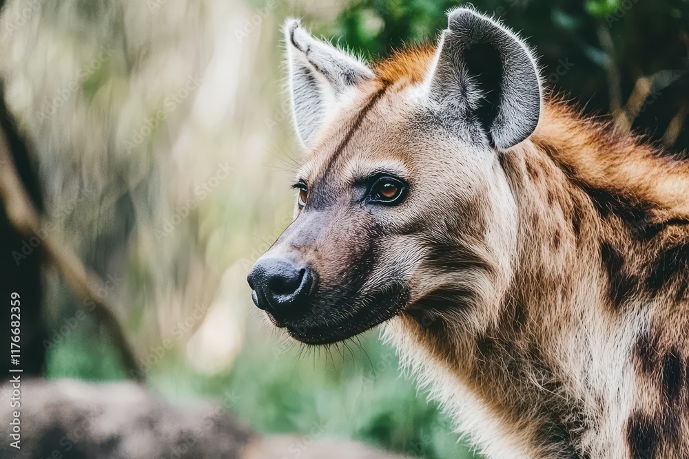 A detailed shot of a hyena with its distinctive spots, standing alert in the bush. 
