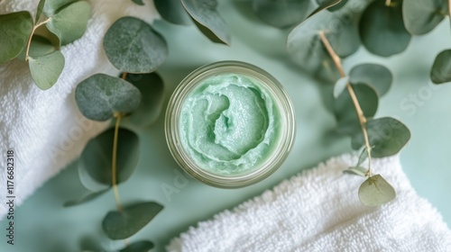 Hydrating face mask in spa setting with eucalyptus leaves and soft textures photo