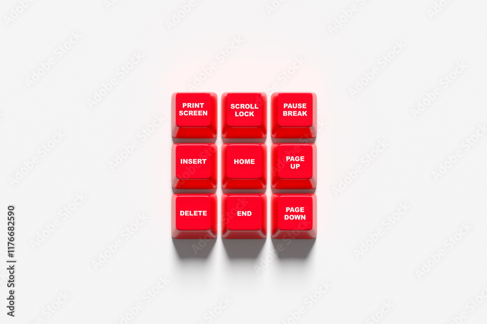 Red keyboard keys print screen scroll lock pause break insert home page up delete end page down keys on white background Red keyboard keys print screen scroll lock pause break insert home page up delete end page down keys on white background