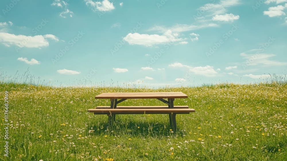 Spring Meadow with Wildflowers and Picnic Bench Under a Blue Sky Spring Meadow with Wildflowers and Picnic Bench Under a Blue Sky