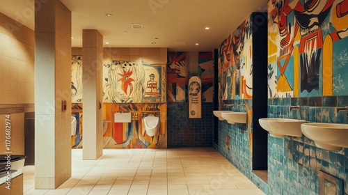 Abstract murals adorn modern restroom walls.