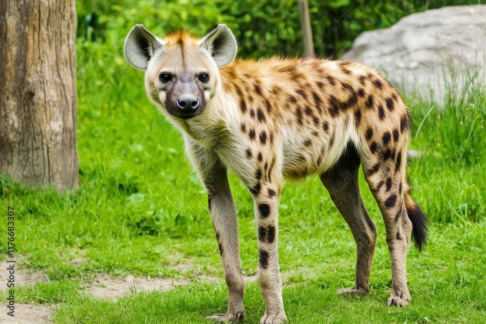 A detailed shot of a hyena with its distinctive spots, standing alert in the bush. A detailed shot of a hyena with its distinctive spots, standing alert in the bush.