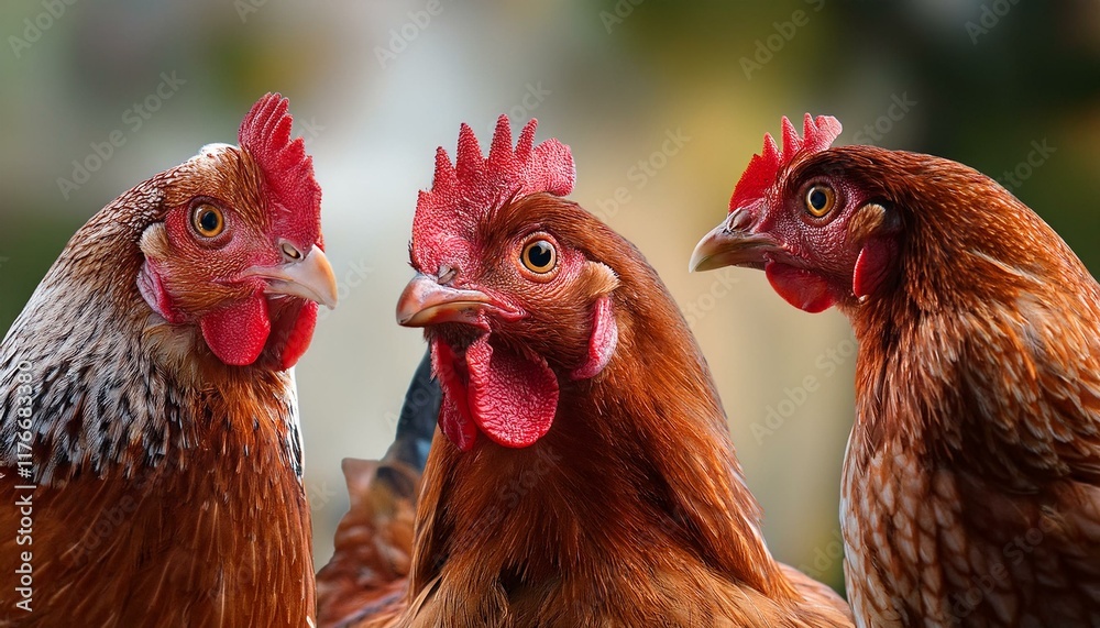 Fototapeta premium three animated chickens looking at each other confused
