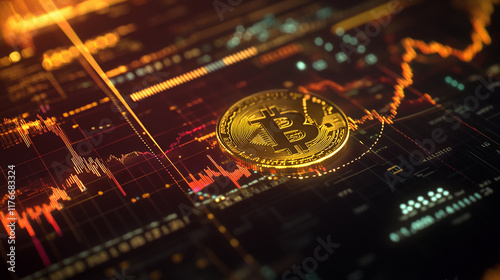 Stock market chart with bitcoin. The background is dark and contains different numbers in different colors representing trading data. The value of bitcoin among traditional financial products. Cryptoc photo