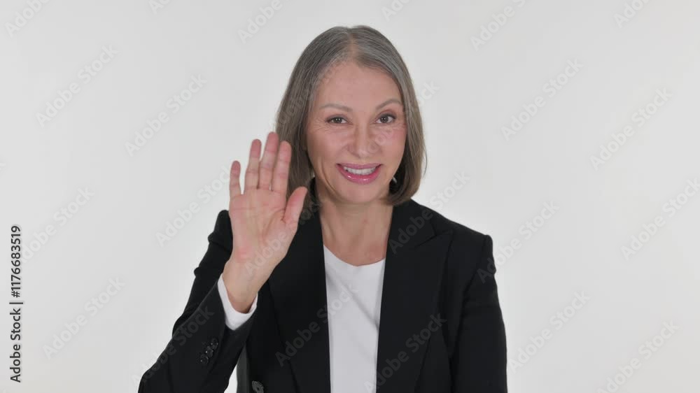 Senior Businesswoman Shaking Head in Acceptance on White Background Senior Businesswoman Shaking Head in Acceptance on White Background