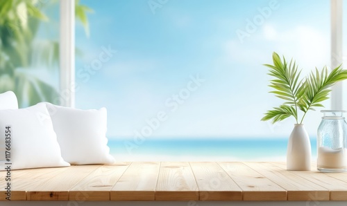 Wooden table top with copy space on blurred background of coastal living room with sea view, for advertising and displaying products.