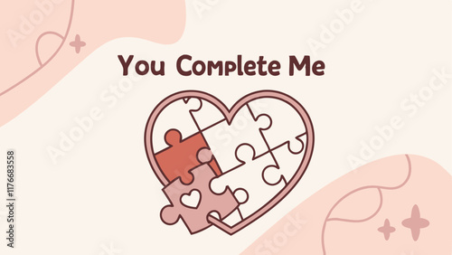 A heart-shaped puzzle with missing pieces symbolizing the concept of finding your soul mate and complementing each other.The phrase “ YOU COMPLETE ME” on a white background