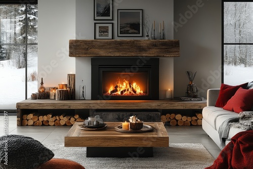 St. Monkwood burning fireplace with black steel frame in modern living room, white walls, wooden firewood storage, red-accented furniture, and wooden coffee table with candles. photo