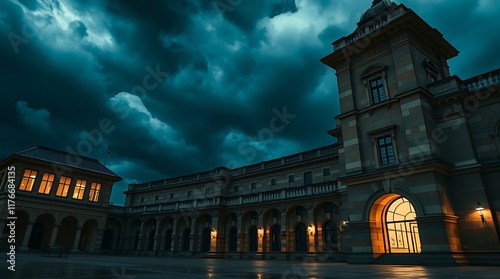 Dramatic color architectural photography cinematic style, intense stormy weather, high tension, film-like lighting, sharp lines, detailed structures, wide angle.