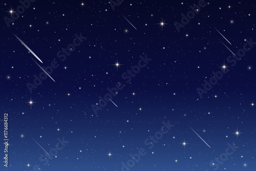 Night sky background with stars and comets. Dark blue galaxy outer space with constellations with cosmic light of sparkles. Magic astrology vector gradient wallpaper. Realistic beautiful nature