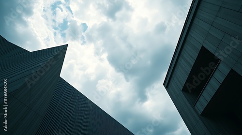 Color photograph of architecture emphasizing sharp lines and detailed structures. The style is cinematic and dramatic, featuring intense stormy skies meeting a high-tension atmosphere. Wide angle, 
