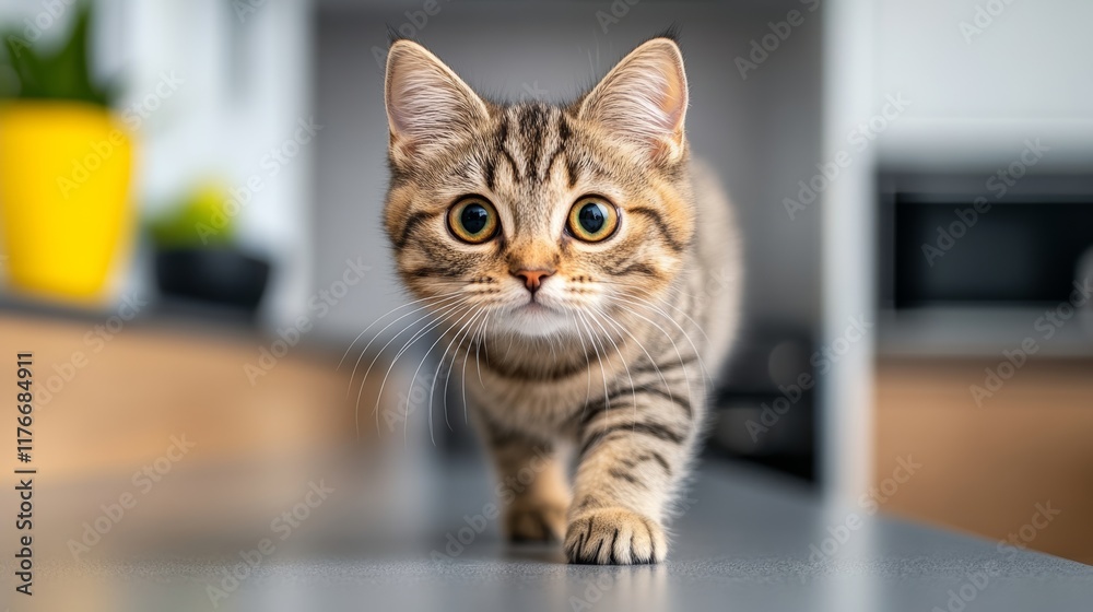 Cat is walking across a counter in a kitchen. The cat is looking at the camera with a curious expression Cat is walking across a counter in a kitchen. The cat is looking at the camera with a curious expression