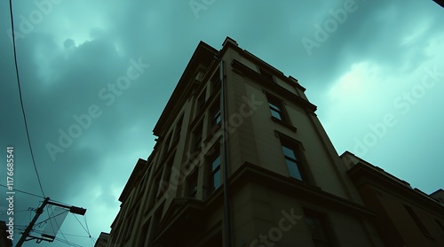 Cinematic color photograph emphasizing architectural details amidst a dramatic storm. High tension and intense weather. Sharp lines, detailed structures. Film-like composition and lighting, wide angle