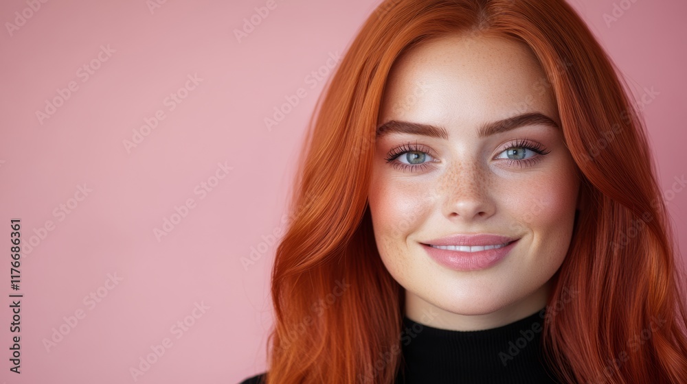 Fototapeta premium Woman with red hair and a black shirt is smiling. She has a pink background. The woman's hair is long and red, and she has a pinkish-red blush on her cheeks