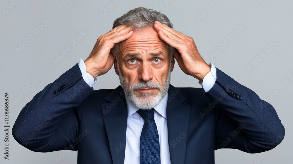 Man in a suit is looking up with his hands on his head. He is in a state of confusion or frustration Man in a suit is looking up with his hands on his head. He is in a state of confusion or frustration