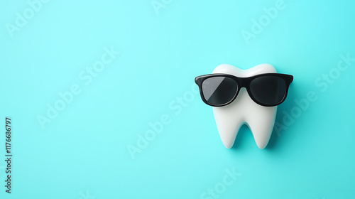 Fun tooth character wearing sunglasses on a blue background promoting dental health awareness and smile confidence
