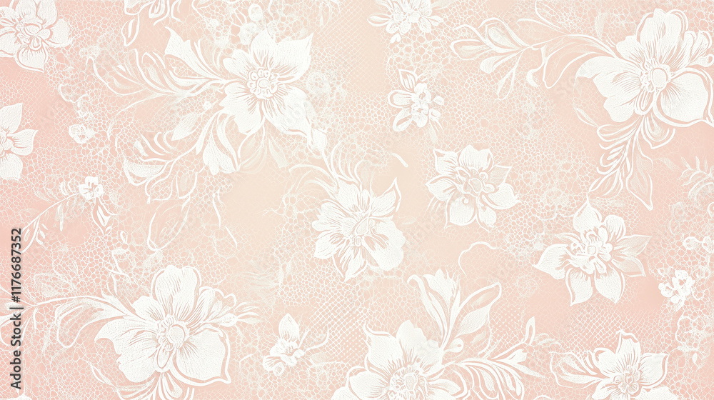 Elegant floral lace pattern on soft pink background with white flowers Elegant floral lace pattern on soft pink background with white flowers