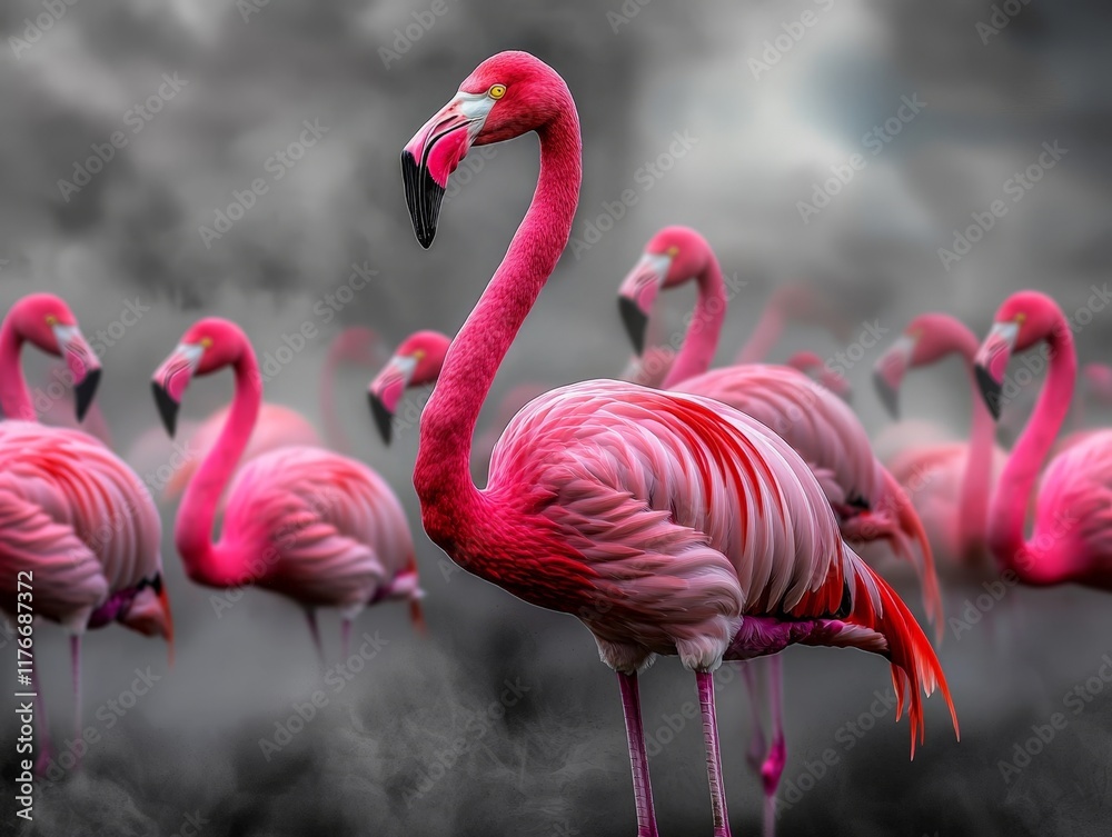 Fototapeta premium Vibrant Pink Flamingos Standing Gracefully in a Grayscale Marsh Landscape with Soft Fog, Highlighting Their Unique Beauty and Flamboyant Feathers