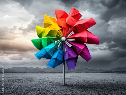 Cheerful Rainbow Pinwheel Spinning in a Gray Landscape Under Cloudy Skies, Vibrant Colors Contrast with Muted Tones and Natural Beauty photo