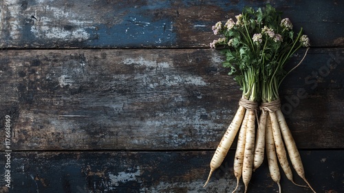 Fresh parsnips tied together with twine, isolated on a weathered wooden surface