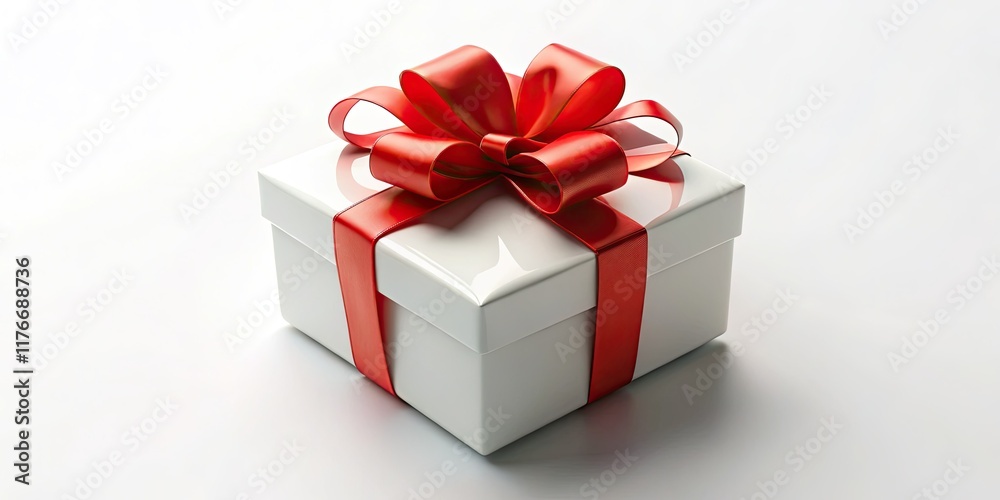 Fototapeta premium A tilted miniature white gift box, adorned with a vibrant red ribbon and a blank tag, awaits its message.