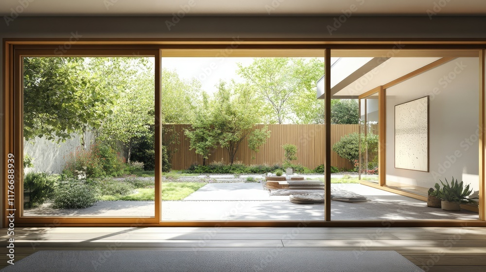 Fototapeta premium Tranquil Courtyard View Through Sliding Glass Doors