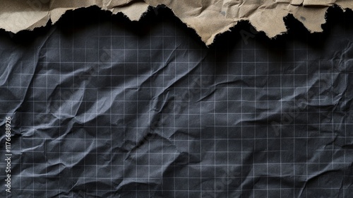Black dusty textured background, sheets of crumpled checkered, dotted, craft paper. Noisy gritty dot halftone effect, retro banner in grunge style, overlay. Torn out notebook pages