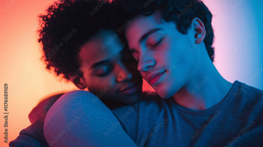 Fototapeta premium Handsome Gay Couple Hugging And Loving Closely Together, Neon Lights in Background Lights the Scene, Closed Eyes, showcasing the Affection and beauty of Human Relationships 