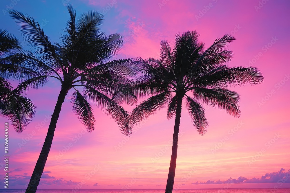 Obraz premium Silhouette of palm trees against a vibrant evening sky with pink and purple hues at a Hawaiian beach during sunset.