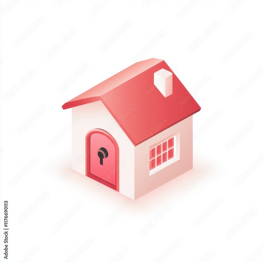 A charming isometric illustration of a small house with a red roof and a locked door. A charming isometric illustration of a small house with a red roof and a locked door.