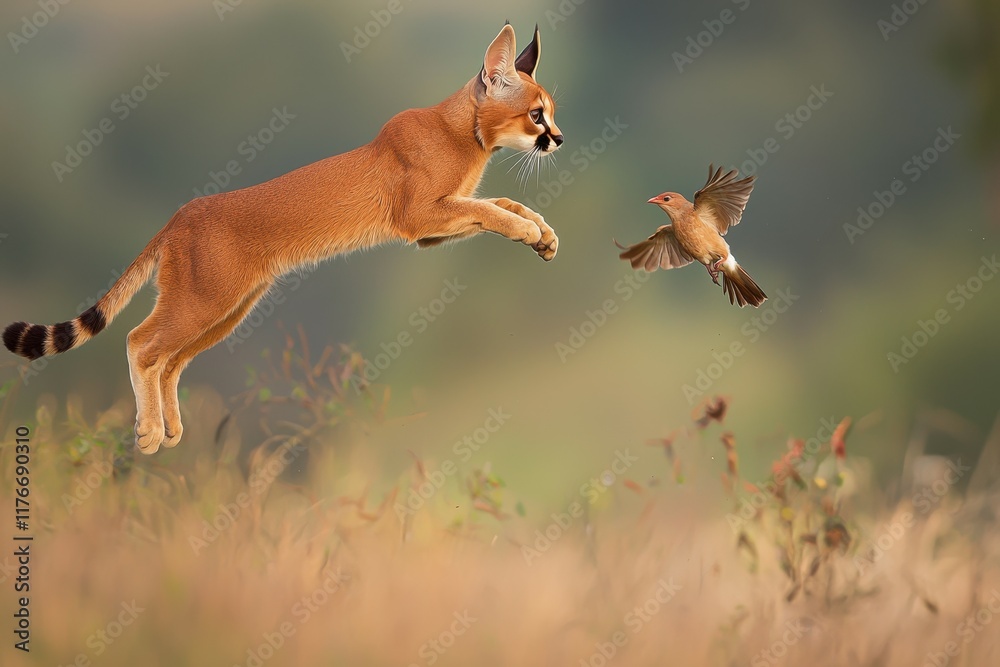 A dynamic image of a caracal leaping high into the air to catch a bird.