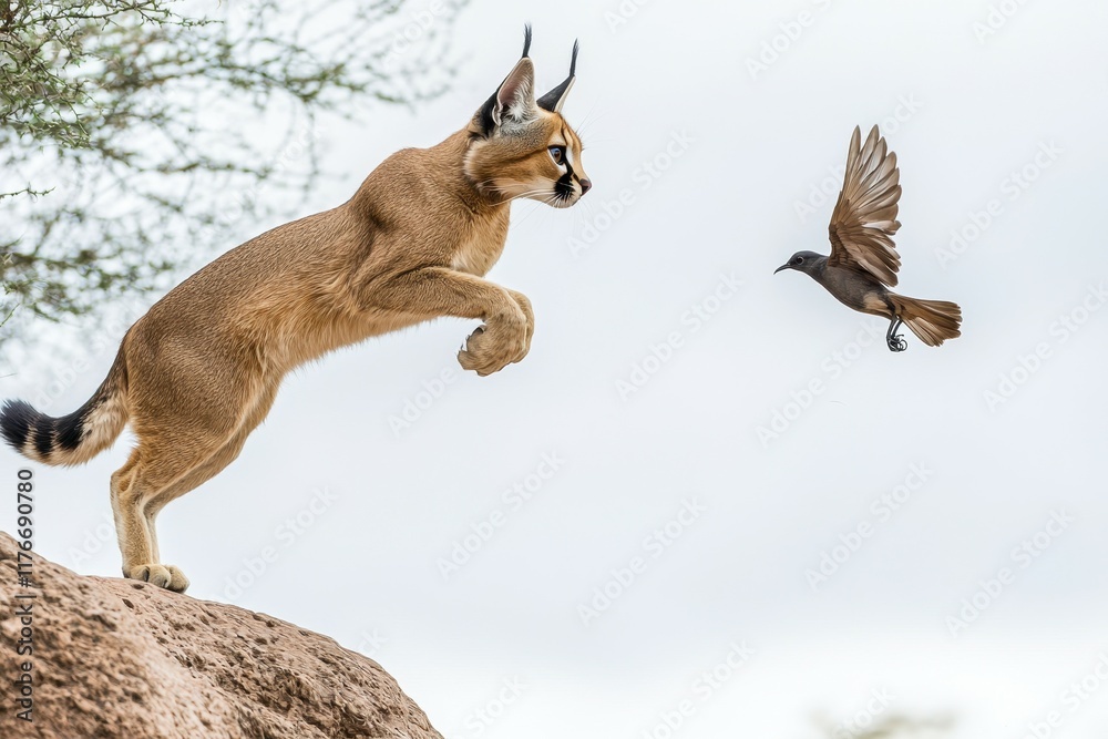 Naklejka premium A dynamic image of a caracal leaping high into the air to catch a bird.