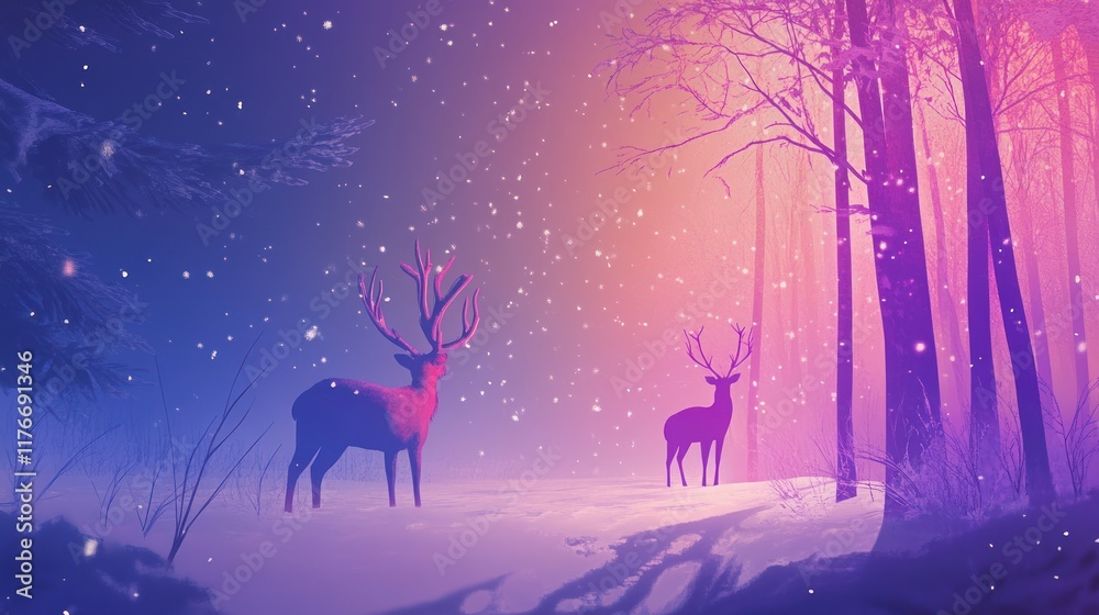 Enchanted Winter Forest: Two Majestic Deer in a Dreamlike Snowfall