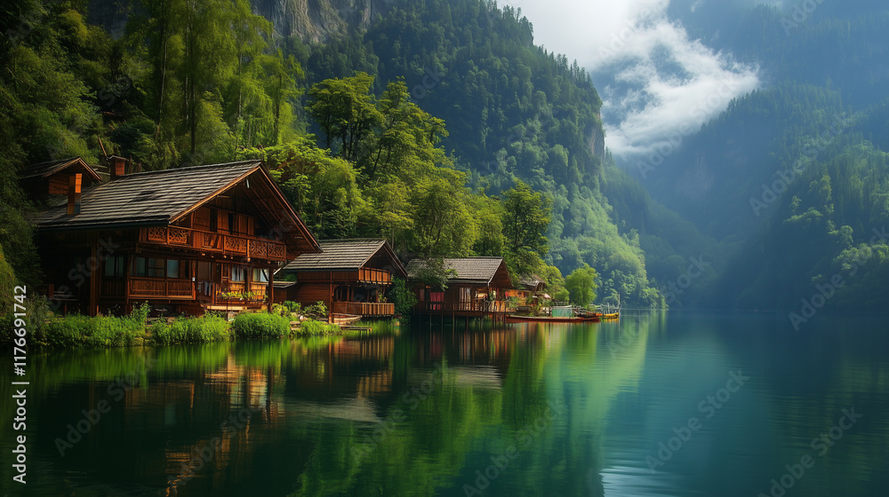 Three cozy wooden cabins sit lakeside, nestled in a lush mountain forest Three cozy wooden cabins sit lakeside, nestled in a lush mountain forest