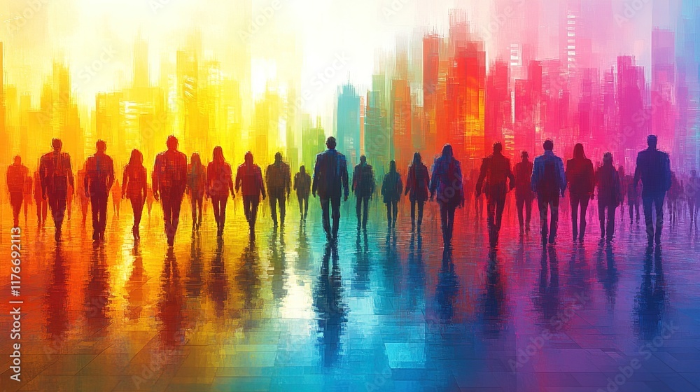 Fototapeta premium Silhouetted figures against a vibrant cityscape, symbolizing diversity and unity.