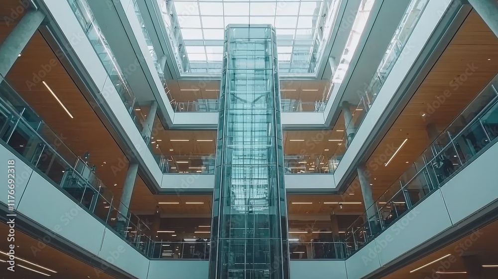 Obraz premium Elevator ascending modern office building glass structure corporate environment interior view urban concept