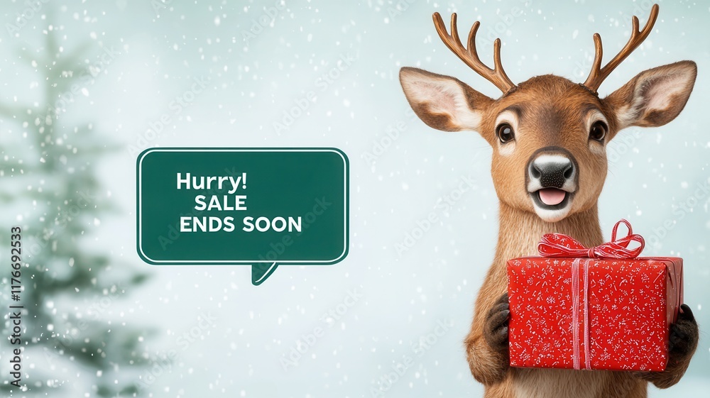 Fototapeta premium Christmas sales limited time concept. A cheerful reindeer holds a gift, promoting a holiday sale with a message urging customers to act quickly.