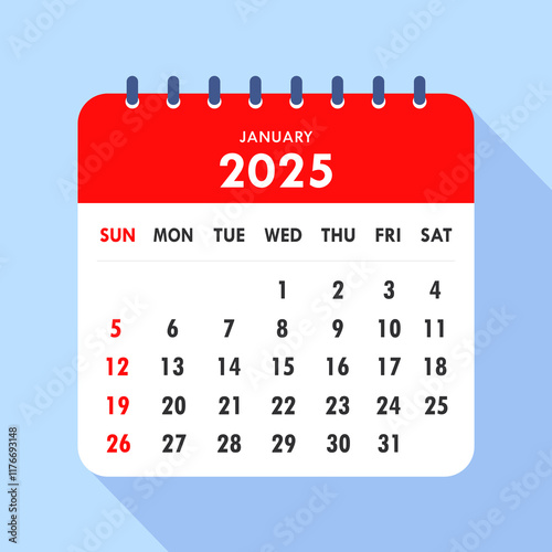 2025 calendar binding icon on blue background vector illustration. Business organizer symbol with long shadow