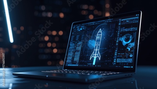 Abstract rocket launch from laptop start up