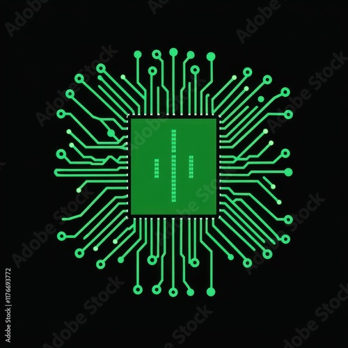 A vibrant green microchip surrounded by intricate circuitry on a black background, conveying technology and innovation.